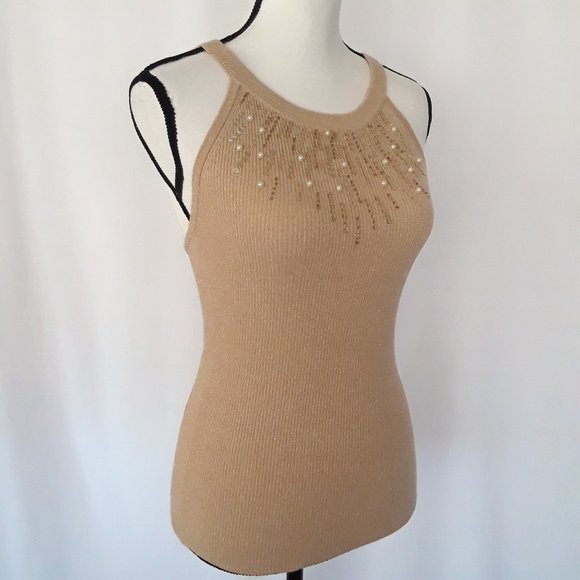 Vintage Y2K Cache Golden Tan Sleeveless Sequin Beaded Top - Picture 3 of 12